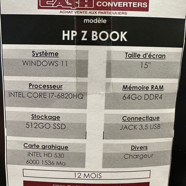 Ordinateur Portable HP Z BOOK 15’ i7 Intel HD 530, 64Go RAM 512SSD Stockage